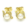 Oro Laminado Stud Earring, Gold Filled Style Ball Design, with Ivory Pearl and White Micro Pave, Polished, Golden Finish, 02.156.0353