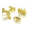 Oro Laminado Stud Earring, Gold Filled Style Ball Design, with Ivory Pearl and White Micro Pave, Polished, Golden Finish, 02.156.0353
