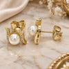 Oro Laminado Stud Earring, Gold Filled Style Ball Design, with Ivory Pearl and White Micro Pave, Polished, Golden Finish, 02.156.0353