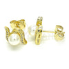 Oro Laminado Stud Earring, Gold Filled Style Ball Design, with Ivory Pearl and White Micro Pave, Polished, Golden Finish, 02.156.0353