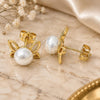 Oro Laminado Stud Earring, Gold Filled Style Butterfly and Ball Design, with Ivory Pearl, Polished, Golden Finish, 02.342.0053