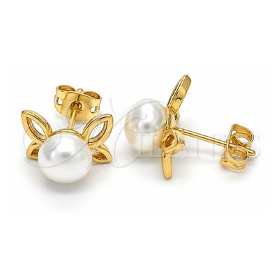Oro Laminado Stud Earring, Gold Filled Style Butterfly and Ball Design, with Ivory Pearl, Polished, Golden Finish, 02.342.0053