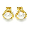 Oro Laminado Stud Earring, Gold Filled Style Ball and Love Knot Design, with Ivory Pearl, Polished, Golden Finish, 02.342.0055