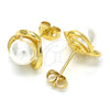 Oro Laminado Stud Earring, Gold Filled Style Ball and Love Knot Design, with Ivory Pearl, Polished, Golden Finish, 02.342.0055