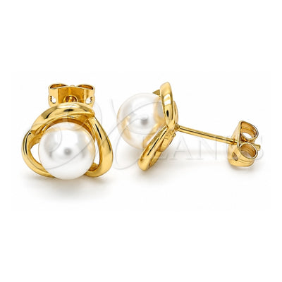 Oro Laminado Stud Earring, Gold Filled Style Ball and Love Knot Design, with Ivory Pearl, Polished, Golden Finish, 02.342.0055