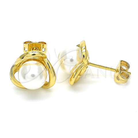Oro Laminado Stud Earring, Gold Filled Style Ball and Love Knot Design, with Ivory Pearl, Polished, Golden Finish, 02.342.0055