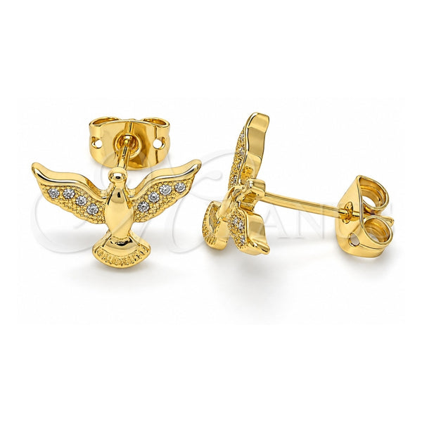 Oro Laminado Stud Earring, Gold Filled Style Eagle Design, with White Micro Pave, Polished, Golden Finish, 02.342.0058