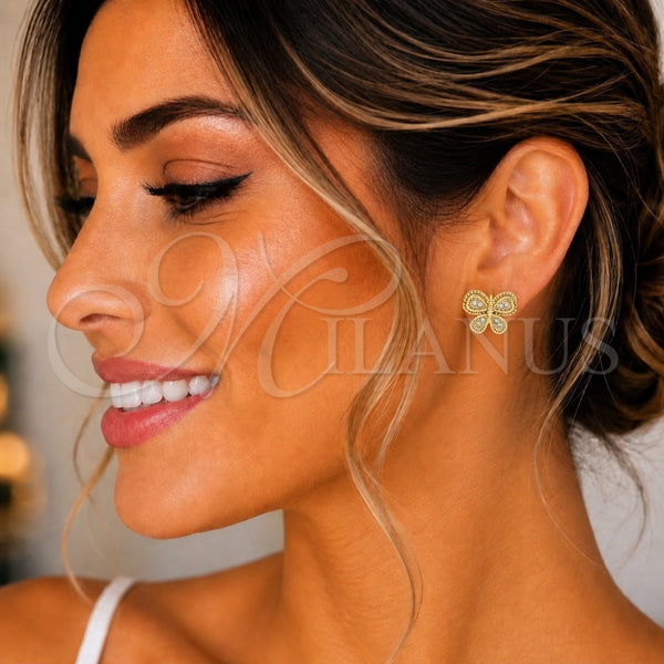 Oro Laminado Stud Earring, Gold Filled Style Butterfly Design, with White Cubic Zirconia, Polished, Golden Finish, 02.342.0059