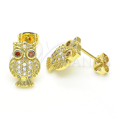 Oro Laminado Stud Earring, Gold Filled Style Owl Design, with Garnet and White Cubic Zirconia, Polished, Golden Finish, 02.342.0065