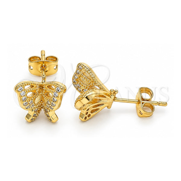 Oro Laminado Stud Earring, Gold Filled Style Butterfly Design, with White Micro Pave, Polished, Golden Finish, 02.156.0374