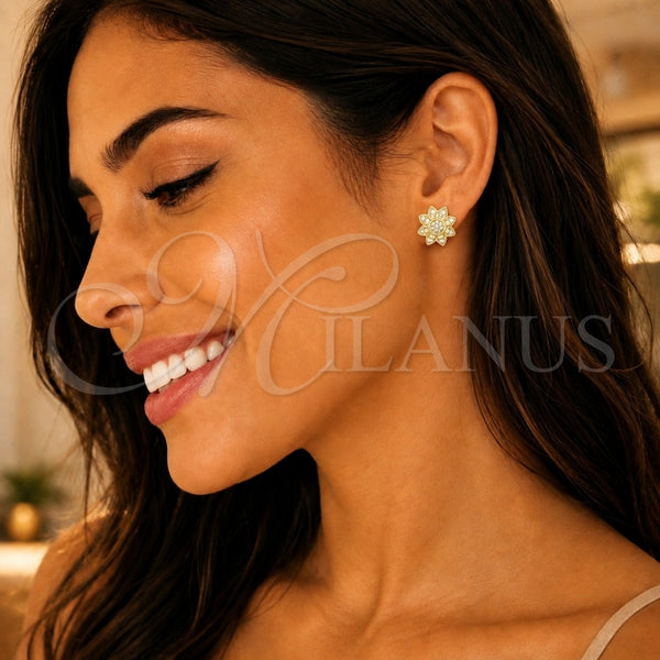 Oro Laminado Stud Earring, Gold Filled Style Flower Design, with White Cubic Zirconia, Polished, Golden Finish, 02.156.0375