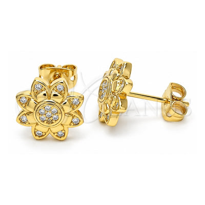 Oro Laminado Stud Earring, Gold Filled Style Flower Design, with White Cubic Zirconia, Polished, Golden Finish, 02.156.0375