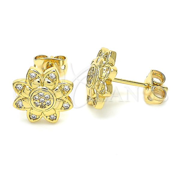 Oro Laminado Stud Earring, Gold Filled Style Flower Design, with White Cubic Zirconia, Polished, Golden Finish, 02.156.0375