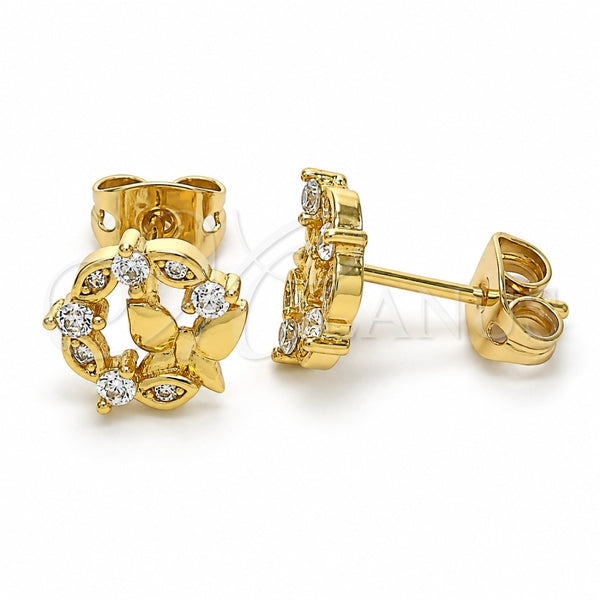 Oro Laminado Stud Earring, Gold Filled Style Butterfly Design, with White Cubic Zirconia, Polished, Golden Finish, 02.156.0376