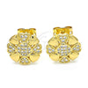 Oro Laminado Stud Earring, Gold Filled Style Flower and Heart Design, with White Cubic Zirconia, Polished, Golden Finish, 02.156.0384