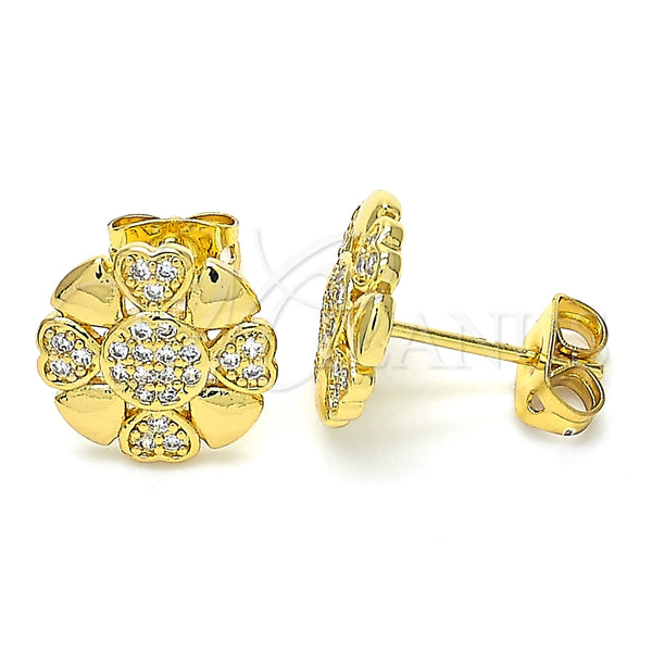 Oro Laminado Stud Earring, Gold Filled Style Flower and Heart Design, with White Cubic Zirconia, Polished, Golden Finish, 02.156.0384