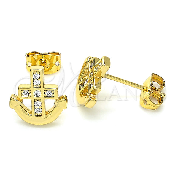 Oro Laminado Stud Earring, Gold Filled Style Anchor Design, with White Micro Pave, Polished, Golden Finish, 02.156.0386