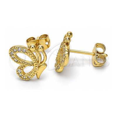 Oro Laminado Stud Earring, Gold Filled Style Butterfly Design, with White Cubic Zirconia, Polished, Golden Finish, 02.156.0387