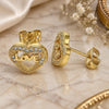Oro Laminado Stud Earring, Gold Filled Style Heart and Love Design, with White Micro Pave, Polished, Golden Finish, 02.156.0389