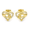 Oro Laminado Stud Earring, Gold Filled Style Heart and Hand Design, with White Micro Pave, Polished, Golden Finish, 02.156.0390