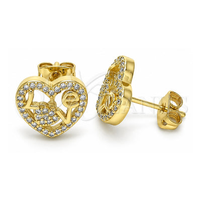 Oro Laminado Stud Earring, Gold Filled Style Heart and Love Design, with White Micro Pave, Polished, Golden Finish, 02.156.0391
