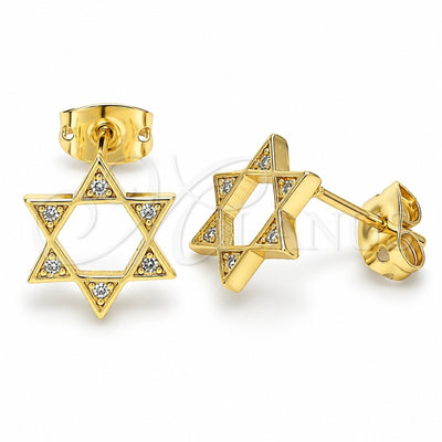 Oro Laminado Stud Earring, Gold Filled Style Judaica and Star of David Design, with White Micro Pave, Polished, Golden Finish, 02.156.0392