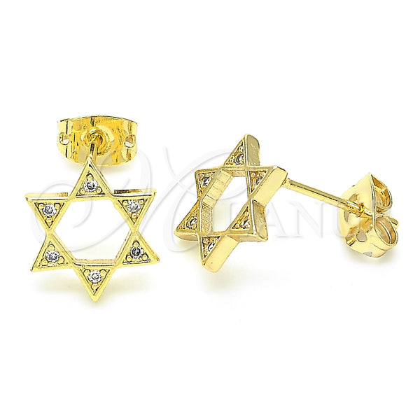 Oro Laminado Stud Earring, Gold Filled Style Judaica and Star of David Design, with White Micro Pave, Polished, Golden Finish, 02.156.0392