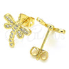 Oro Laminado Stud Earring, Gold Filled Style Dragon-Fly Design, with White Micro Pave, Polished, Golden Finish, 02.156.0396