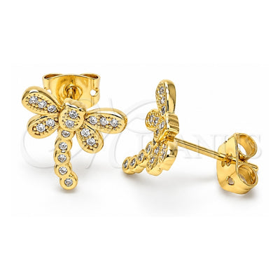 Oro Laminado Stud Earring, Gold Filled Style Dragon-Fly Design, with White Micro Pave, Polished, Golden Finish, 02.156.0396