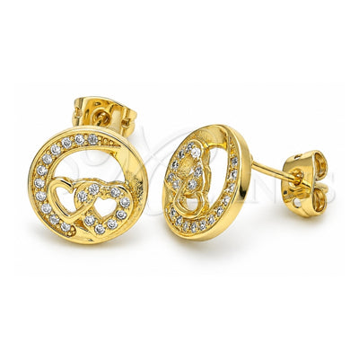 Oro Laminado Stud Earring, Gold Filled Style Heart Design, with White Micro Pave, Polished, Golden Finish, 02.156.0397