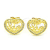 Oro Laminado Stud Earring, Gold Filled Style Heart and Love Design, with White Micro Pave, Polished, Golden Finish, 02.156.0398