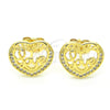 Oro Laminado Stud Earring, Gold Filled Style Heart and Love Design, with White Micro Pave, Polished, Golden Finish, 02.156.0398