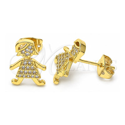 Oro Laminado Stud Earring, Gold Filled Style Little Girl Design, with White Micro Pave, Polished, Golden Finish, 02.156.0399