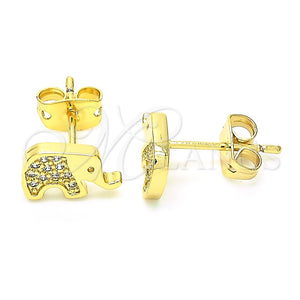 Oro Laminado Stud Earring, Gold Filled Style Elephant Design, with White Cubic Zirconia, Polished, Golden Finish, 02.156.0401