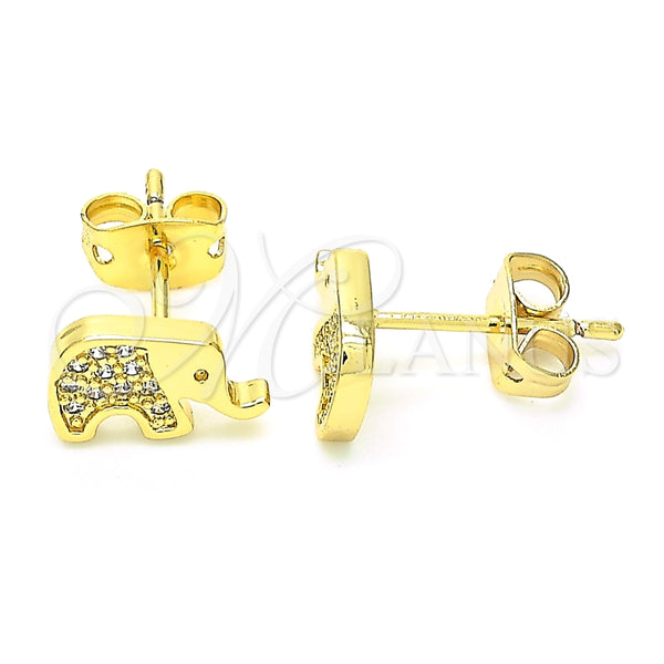 Oro Laminado Stud Earring, Gold Filled Style Elephant Design, with White Cubic Zirconia, Polished, Golden Finish, 02.156.0401