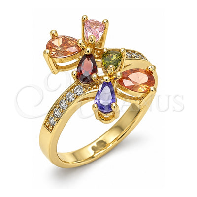Oro Laminado Multi Stone Ring, Gold Filled Style Teardrop Design, with Multicolor Cubic Zirconia, Polished, Golden Finish, 01.221.0004.07 (Size 7)