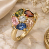 Oro Laminado Multi Stone Ring, Gold Filled Style Flower and Teardrop Design, with Multicolor Cubic Zirconia, Polished, Golden Finish, 01.221.0009.1.07 (Size 7)