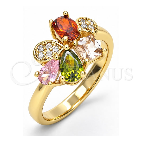 Oro Laminado Multi Stone Ring, Gold Filled Style Teardrop Design, with Multicolor Cubic Zirconia, Polished, Golden Finish, 01.221.0010.1.07 (Size 7)
