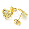 Oro Laminado Stud Earring, Gold Filled Style Heart and Mom Design, with White Micro Pave, Polished, Golden Finish, 02.342.0067