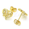 Oro Laminado Stud Earring, Gold Filled Style Heart and Mom Design, with White Micro Pave, Polished, Golden Finish, 02.342.0067