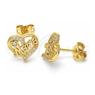 Oro Laminado Stud Earring, Gold Filled Style Heart and Mom Design, with White Micro Pave, Polished, Golden Finish, 02.342.0067