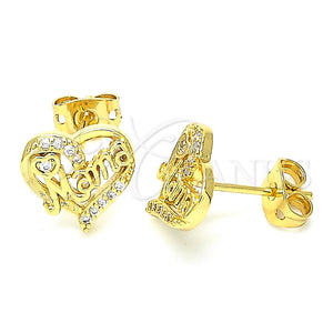 Oro Laminado Stud Earring, Gold Filled Style Heart and Mom Design, with White Micro Pave, Polished, Golden Finish, 02.342.0067