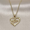 Oro Laminado Pendant Necklace, Gold Filled Style Heart and Mom Design, with White Cubic Zirconia, Polished, Golden Finish, 04.342.0002.18 (02 MM Thickness, 18 Inches Length)