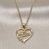 Oro Laminado Pendant Necklace, Gold Filled Style Heart and Mom Design, with White Cubic Zirconia, Polished, Golden Finish, 04.342.0002.18 (02 MM Thickness, 18 Inches Length)