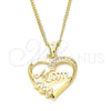 Oro Laminado Pendant Necklace, Gold Filled Style Heart and Mom Design, with White Cubic Zirconia, Polished, Golden Finish, 04.342.0002.18 (02 MM Thickness, 18 Inches Length)