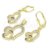 Oro Laminado Earring and Pendant Adult Set, Gold Filled Style Heart Design, with Black and White Cubic Zirconia, Polished, Golden Finish, 10.342.0025.1