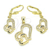 Oro Laminado Earring and Pendant Adult Set, Gold Filled Style Heart Design, with Black and White Cubic Zirconia, Polished, Golden Finish, 10.342.0025.1