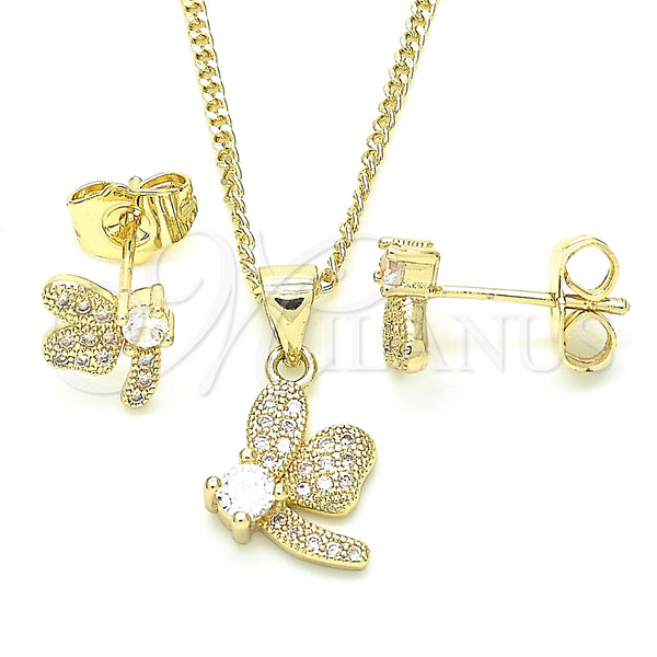 Oro Laminado Earring and Pendant Adult Set, Gold Filled Style Dragon-Fly Design, with White Cubic Zirconia and White Micro Pave, Polished, Golden Finish, 10.199.0152