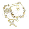 Oro Laminado Bracelet Rosary, Gold Filled Style Guadalupe and Cross Design, with White Crystal, Polished, Golden Finish, 03.253.0049.08