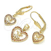 Oro Laminado Earring and Pendant Adult Set, Gold Filled Style Heart and Little Girl Design, with Garnet Cubic Zirconia, Polished, Golden Finish, 10.156.0221.1